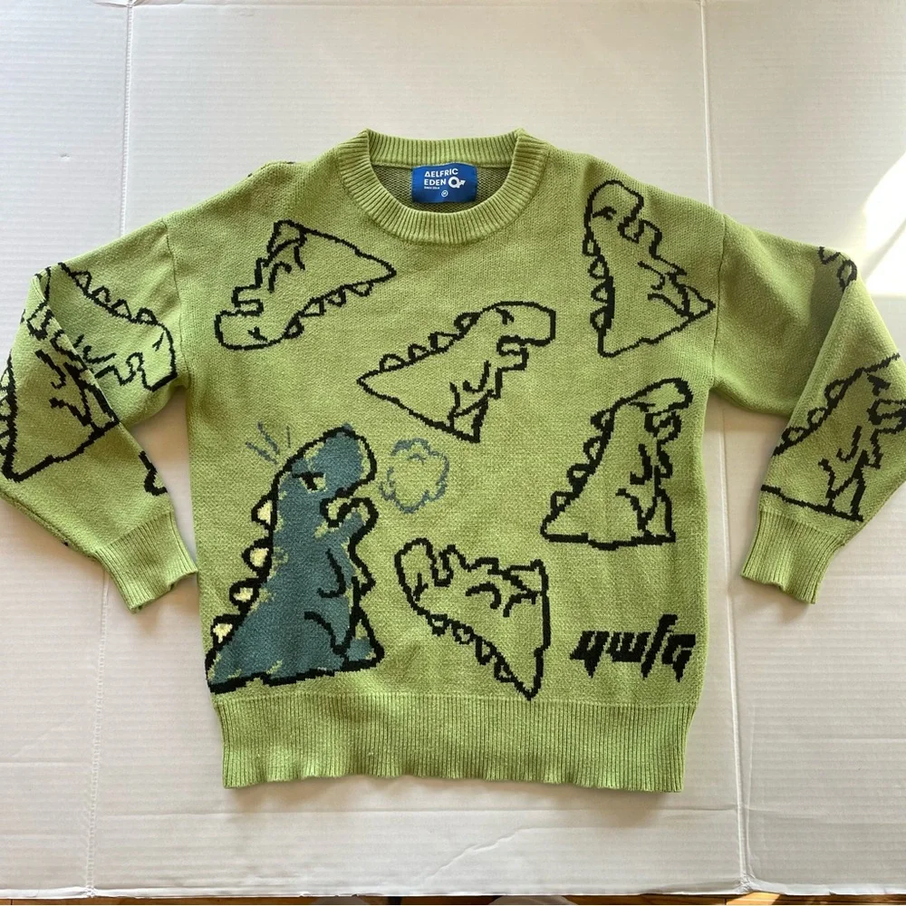 Aelfric Eden Sweater Mens Medium Green Dinosaur Cartoon Pullover Knit Streetwear